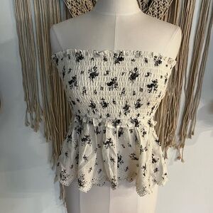 American Eagle Outfitters Floral Smocked Tube Top - Cream and Black